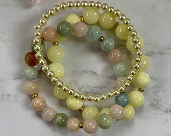 Yellow, Morganite and Champagne Beaded Bracelet Stack