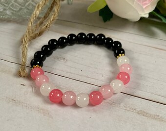 Pink Ombre and Black Onyx Beaded Bracelet