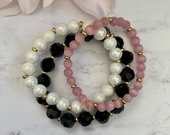 Black, White and Pink Beaded Bracelet Set