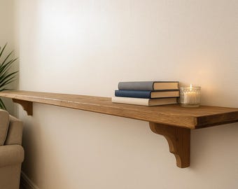Oak Shelf with wooden supports, wall shelf unit, wooden shelf, kitchen shelves, shelf for plants, rustic style, long book shelf
