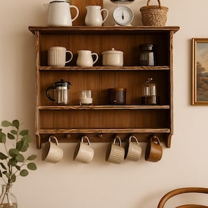 Op de afbeelding: Een houten keukenkast met diverse items, waaronder een witte theepot, mokken, een weegschaal en een snijplank. De plank is bruin en heeft meerdere niveaus met haken om mokken op te hangen. De algehele esthetiek is rustiek en gezellig.