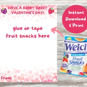 Fruit Snacks Valentine Printable - Digital Download - Printable Valentine's Day Cards for Kids