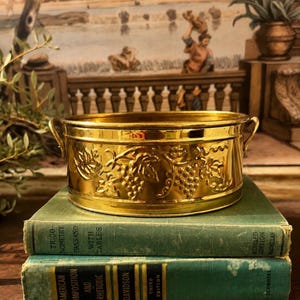 May include: A polished brass bowl with two small side handles and an embossed grape vine motif featuring clusters of grapes and leaves. The bowl is resting on top of two stacked green hardcover books with visible text on their spines.