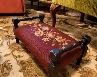 Vintage Needlepoint Footstool Floral Upholstered Wooden Foot Rest Victorian Style Fireside Stool Cottagecore & Grandmillennial Decor