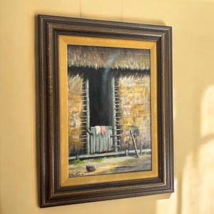 Vintage 1978 R. Restivo Oil Painting – Rustic Thatched Hut Scene – Framed Original Art