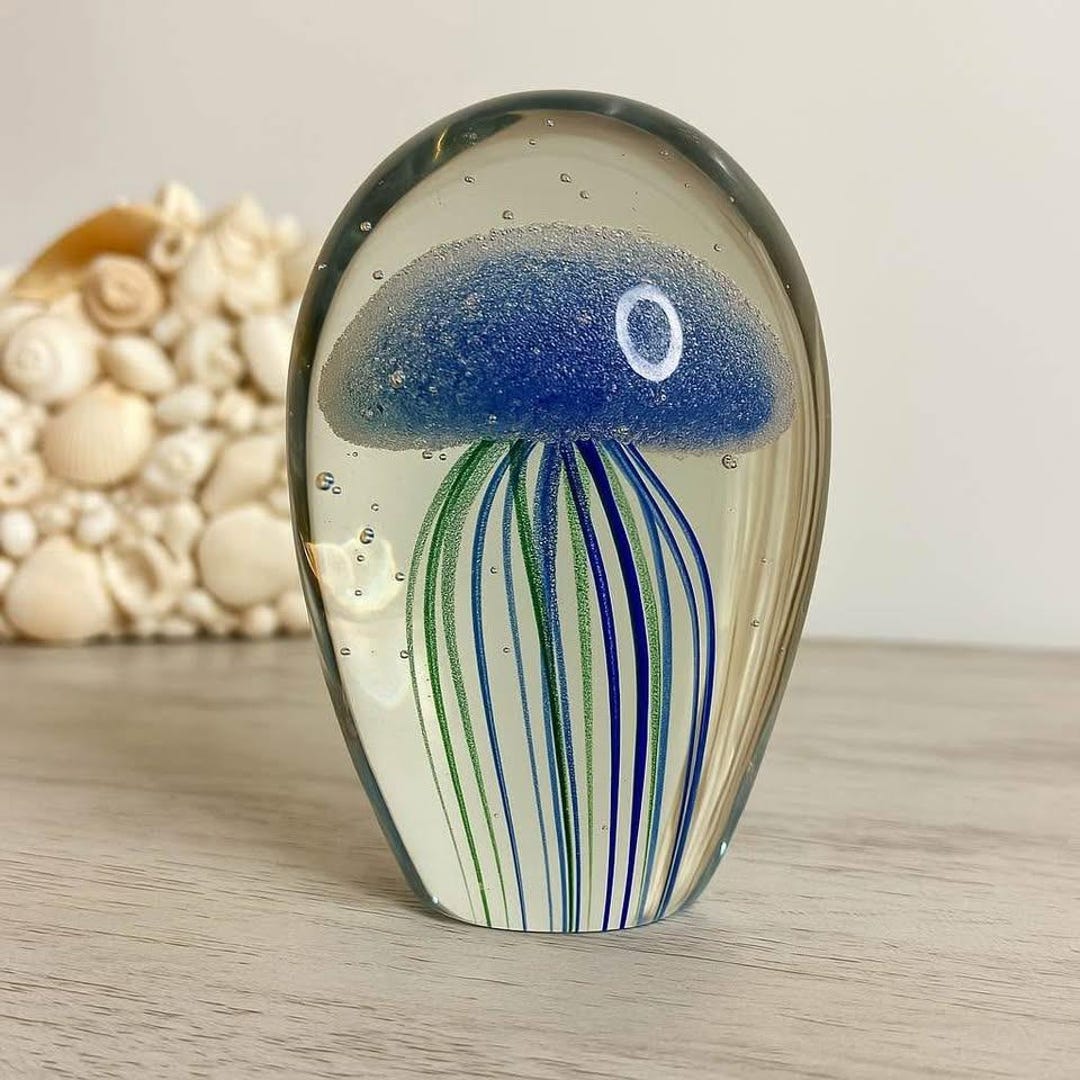 Hand-blown Glass Jellyfish Paperweight – Blue & Green Ocean Art Decor ...