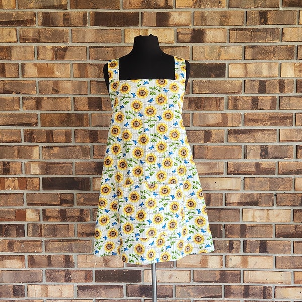 Handmade full apron with pockets, sunflower and butterfly design, crisscross strap apron