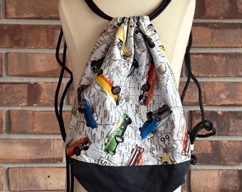 Drawstring backpacks, lined, small size, field trip bags, summer camp bags; assorted prints