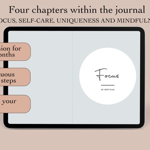 May include: A digital journal with a light blue background and a white circle in the center that says "Focus" with the text "My Happy Plan" underneath. The journal is divided into four chapters: Focus, Self-Care, Uniqueness, and Mindfulness. The journal is designed to help you learn new behavioral patterns, concentrate on your success, and make yourself happier in the long run.