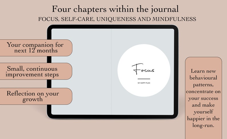 May include: A digital journal with a light blue background and a white circle in the center that says "Focus" with the text "My Happy Plan" underneath. The journal is divided into four chapters: Focus, Self-Care, Uniqueness, and Mindfulness. The journal is designed to help you learn new behavioral patterns, concentrate on your success, and make yourself happier in the long run.