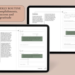 May include: A digital planner with a white background and black text. The planner is open to a page titled "Daily and Weekly Routine" with the text "Focus on accomplishments, celebrate success and practice gratitude". The planner has sections for daily and weekly routines, with space for writing and tracking progress.