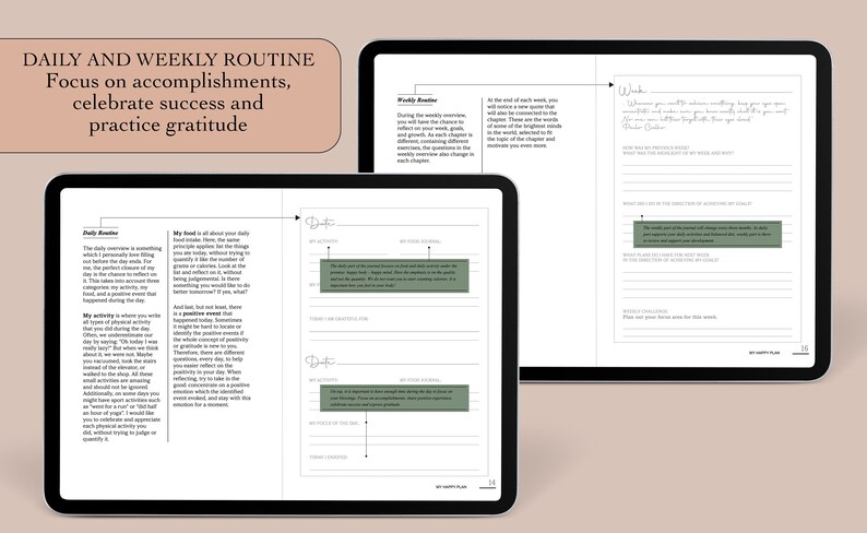 May include: A digital planner with a white background and black text. The planner is open to a page titled "Daily and Weekly Routine" with the text "Focus on accomplishments, celebrate success and practice gratitude". The planner has sections for daily and weekly routines, with space for writing and tracking progress.