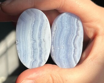 May include: Two oval-shaped blue agate plugs with a white and blue banded pattern.
