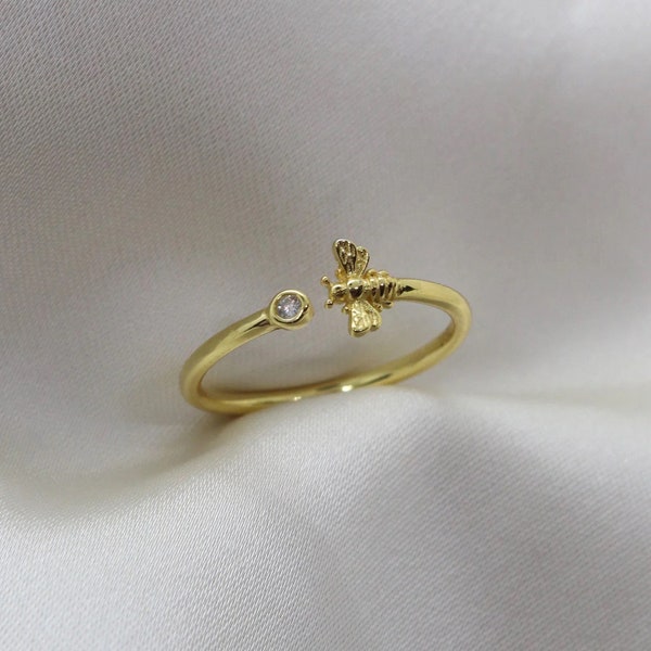 Anello APE in argento 925 placcato oro 18k con zircone bianco fatto a mano, regolabile minimalista idea regalo per lei natura animali