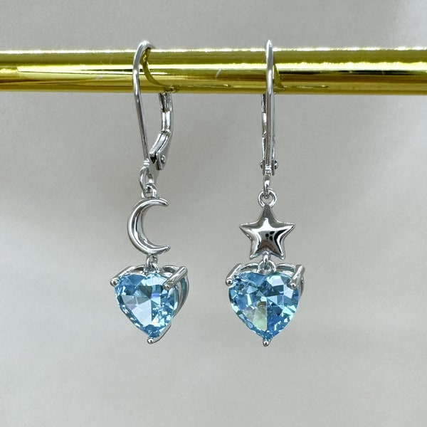 Boucles d'oreilles coeur étoile lune argent sterling 925 rhodié, zircons bleu clair, cerceau élégant et moderne, cerceau huggie, constellations, cadeau