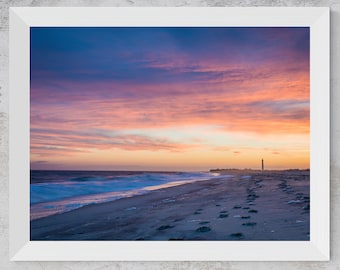 Fotografía de la puesta de sol en Cape May / Decoración de pared con playa y faro (Descarga digital)