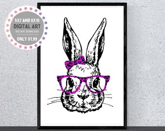 Bunny with Pink Leopard Glasses and Bow | Digital Art BUNDLE 5x7 + 8x10 | Bunny with Glasses Wall Art Print, Bunny Rabbit with Glasses Print