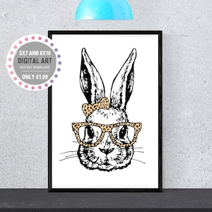 Bunny with Leopard Print Glasses and Bow | Digital Art BUNDLE 5x7 + 8x10 | Bunny with Glasses Wall Art Print, Bunny Rabbit w/ Glasses Print