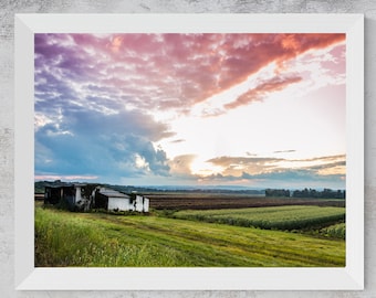 Fotografía de una puesta de sol en un campo agrícola / Arte rústico para pared (Descarga digital)