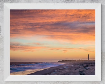 Fotografía impresa de la puesta de sol en Cape May / Arte mural de la playa del faro de Nueva Jersey (Descarga digital)