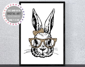 Lámina artística de conejito con gafas de estampado de leopardo / 5x7 8x10 (Descarga digital)