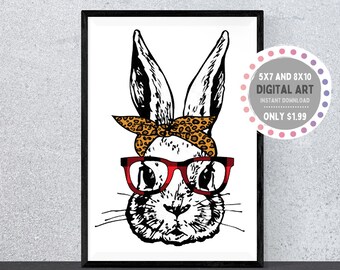 Lámina artística de conejito con gafas / Cuadros rojos, lazo de leopardo (descarga digital)