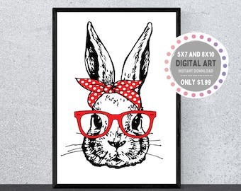 Lámina artística de conejo con gafas rojas / Lazo de pañuelo, regalo para amantes de los conejos (descarga digital)