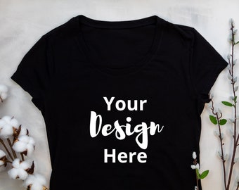 Maqueta de camiseta negra con escote redondo / Tallas para mujer y jóvenes (Descarga digital)