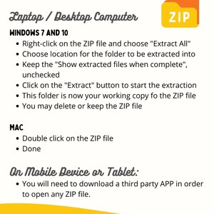 以下が含まれることがあります： ラップトップ、デスクトップコンピューター、またはモバイルデバイスでZIPファイルをダウンロードして解凍する方法に関するガイド。このガイドには、Windows 7および10、Mac、モバイルデバイスの指示が含まれています。画像にはZIPフォルダーアイコンも含まれています。
