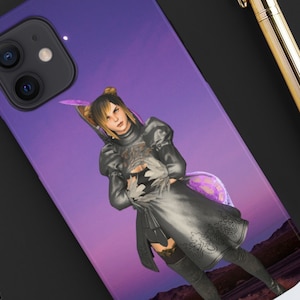 May include: A purple and pink gradient phone case with a stylized illustration of a woman in a black and gray outfit. The woman has long blonde hair and is holding her hands together in front of her. The case has a camera cutout in the upper left corner.