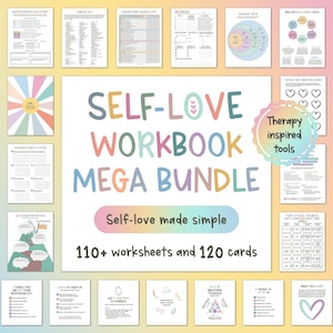Könnte beinhalten: Eine Sammlung von Arbeitsblättern und Karten zur Selbstliebe mit dem Titel "SELF-LOVE WORKBOOK MEGA BUNDLE". Das Design umfasst farbenfrohe Texte und Grafiken mit dem Satz "Therapy inspired tools". Das Bundle enthält über 110 Arbeitsblätter und 120 Karten.