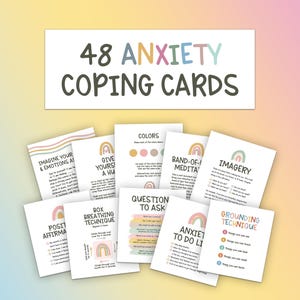 48 Cartões de habilidades de enfrentamento da ansiedade, planilha de terapia, terapia TCC, habilidades de DBT, estratégias de enfrentamento, saúde mental para impressão