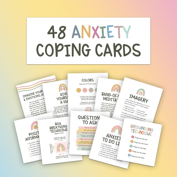 48 Anxiety Coping Skills Cards, Therapy Worksheet, CBT Therapy, DBT Skills, Coping Strategies, Mental Health Printable