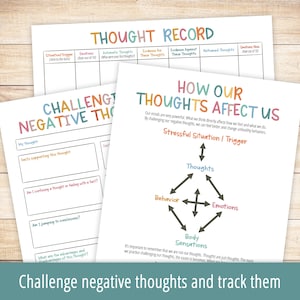 May include: A printable worksheet with colorful text that says "How Our Thoughts Affect Us". The worksheet includes a diagram showing how thoughts, emotions, behavior, and body sensations are interconnected. The worksheet also includes a section for tracking negative thoughts.