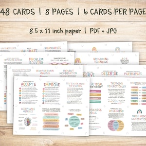 Op de afbeelding: Een set van 48 printbare kaarten met kleurrijke regenboogontwerpen en tekst met betrekking tot copingvaardigheden en geestelijke gezondheid. De kaarten zijn georganiseerd in 8 pagina's, met 6 kaarten per pagina. De tekst bevat zinnen als "Valideren", "Probleemoplossing", "Aardingstechniek", "Wijze Geest Meditatie" en "Dialectisch Denken".