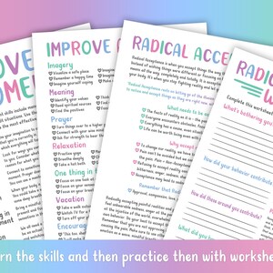 May include: A set of printable worksheets for practicing radical acceptance. The worksheets include prompts and questions to help you identify what is bothering you, how your behavior contributes to the situation, and how to practice radical acceptance.