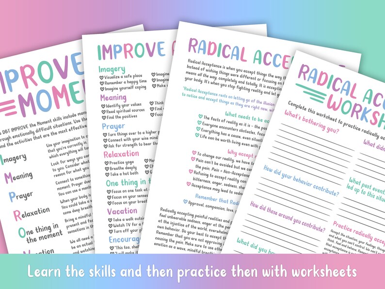 May include: A set of printable worksheets for practicing radical acceptance. The worksheets include prompts and questions to help you identify what is bothering you, how your behavior contributes to the situation, and how to practice radical acceptance.