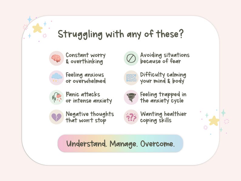 May include: A white informational graphic with the heading Struggling with any of these? listing eight mental health challenges with icons, including constant worry, anxiety, panic, and negative thoughts, ending with the text Understand. Manage. Overcome.