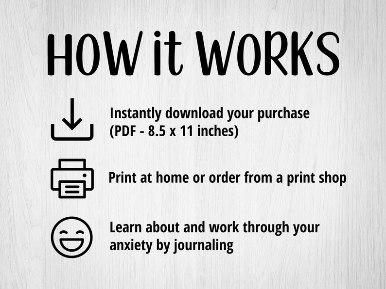 May include: Black and white illustration showing how to use a printable journal for anxiety. The illustration shows a download icon, a printer icon, and a smiley face. The text reads "HOW it WORKS", "Instantly download your purchase (PDF - 8.5 x 11 inches)", "Print at home or order from a print shop", and "Learn about and work through your anxiety by journaling".