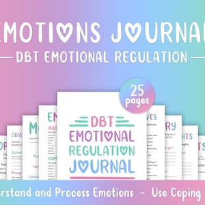 Op de afbeelding: Een printbaar DBT-emotionele regulatie-dagboek met 25 pagina's. Het dagboek heeft een kleurrijk ontwerp met harten en de tekst "EMOTIONS JOURNAL" en "DBT EMOTIONAL REGULATION JOURNAL".