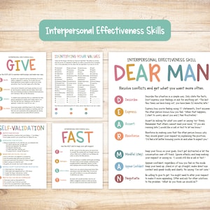 May include: A set of colourful printable posters with tips for interpersonal effectiveness skills. The posters feature the acronyms GIVE, FAST, DEAR MAN, and SELF-VALIDATION. Each acronym is explained with a list of steps to help improve communication and conflict resolution.