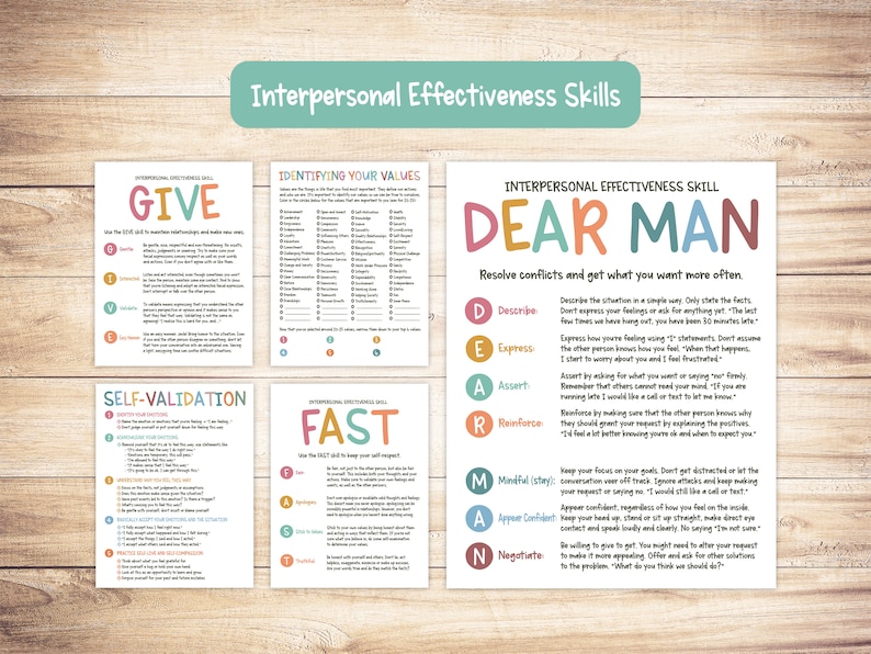 May include: A set of colourful printable posters with tips for interpersonal effectiveness skills. The posters feature the acronyms GIVE, FAST, DEAR MAN, and SELF-VALIDATION. Each acronym is explained with a list of steps to help improve communication and conflict resolution.