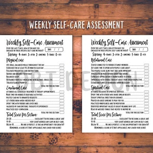 Puede incluir: Una lista de verificaci&oacute;n de evaluaci&oacute;n semanal de autocuidado imprimible con dos columnas. La columna de la izquierda se titula "Cuidado f&iacute;sico" e incluye elementos como "Comer comidas peque&ntilde;as y balanceadas durante el d&iacute;a" y "Hacer ejercicio durante al menos 15-20 minutos cada d&iacute;a". La columna de la derecha se titula "Cuidado relacional" e incluye elementos como "Mantenerse conectado con amigos y familiares" y "Reservar tiempo para pasar tiempo con las personas que me importan".