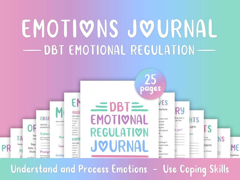 Peut inclure: Un journal d'auto-r&eacute;gulation &eacute;motionnelle DBT imprimable de 25 pages. Le journal pr&eacute;sente un design color&eacute; avec des c&oelig;urs et le texte "EMOTIONS JOURNAL" et "DBT EMOTIONAL REGULATION JOURNAL".