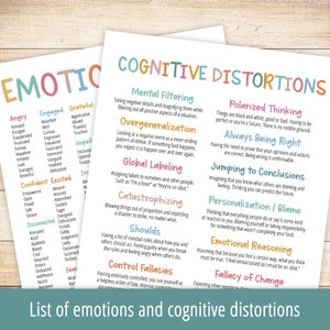 May include: Two colorful charts with lists of emotions and cognitive distortions. The first chart lists emotions in three columns: Angry, Engaged, and Grateful. The second chart lists cognitive distortions in two columns: Mental Filtering and Polarized Thinking.
