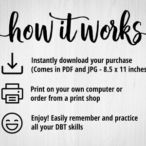 May include: How it works: A black and white illustration of a download arrow, a printer, and a smiley face. Text explains that the purchase is an instant download in PDF and JPG format, measuring 8.5 x 11 inches. It can be printed at home or at a print shop. The text also says to enjoy and practice DBT skills.