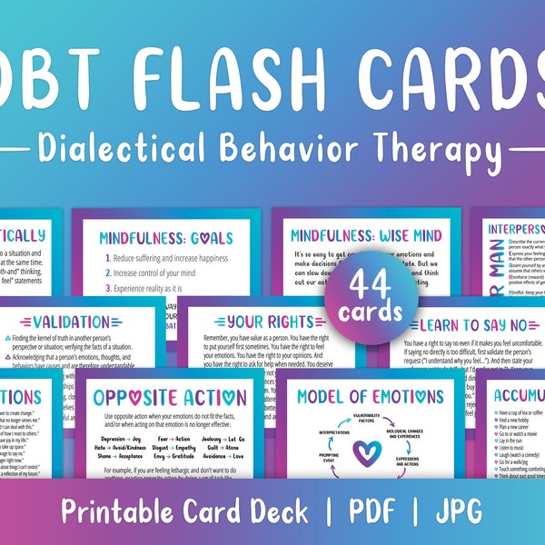 DBT Flash Cards, 44 Printable Cards, Self Help Cards, Coping Skills, BPD, Borderline, Depression, Anxiety, PTSD, Mental Health Printable