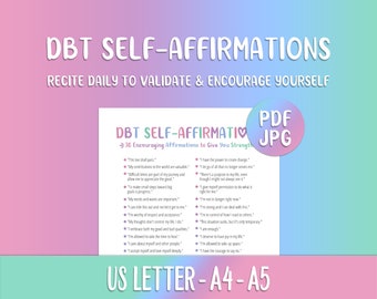 DBT Self-Affirmations, PTSD, BPD, bipolar, depression, anxiety, positive, printable, mental health, dialectical behavior therapy, dbt sheet