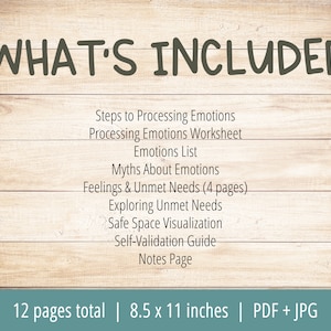 Puede incluir: Una hoja de trabajo imprimible con un fondo de madera y el texto "WHAT'S INCLUDED" en letras grandes escritas a mano. La hoja de trabajo incluye una lista de 10 elementos: Pasos para procesar las emociones, Hoja de trabajo para procesar las emociones, Lista de emociones, Mitos sobre las emociones, Sentimientos y necesidades no satisfechas (4 p&aacute;ginas), Exploraci&oacute;n de necesidades no satisfechas, Visualizaci&oacute;n de un espacio seguro, Gu&iacute;a de autovalidaci&oacute;n, P&aacute;gina de notas. El texto en la parte inferior de la hoja de trabajo dice "12 p&aacute;ginas en total | 8,5 x 11 pulgadas | PDF + JPG".