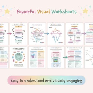 May include: A collection of twelve printable worksheets titled Powerful Visual Worksheets, featuring colourful diagrams and text including Anxiety Spiral, The Anxiety Iceberg, The Worry Tree, Interrupting My Anxiety Spiral, I Cannot Control, and Window of Tolerance.